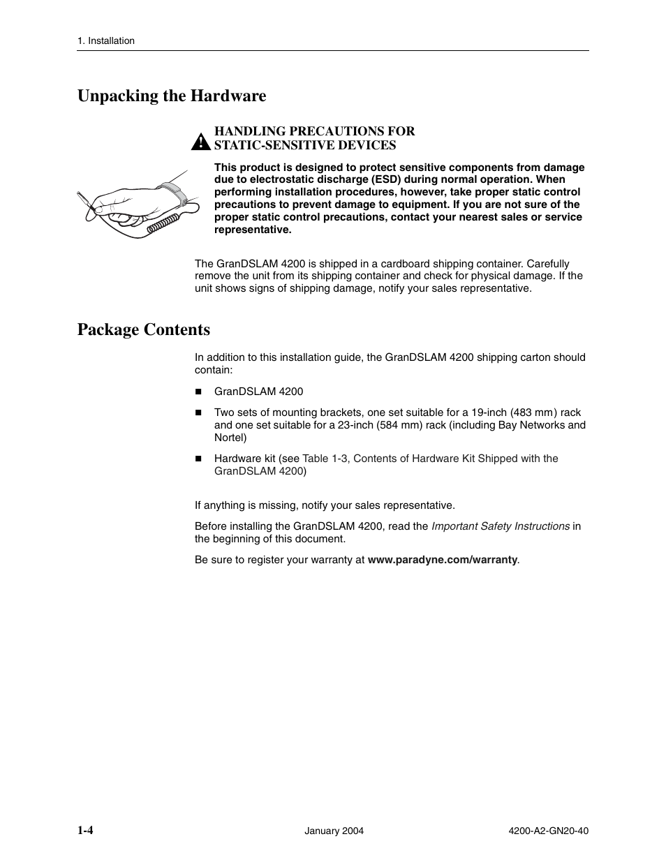 Unpacking the hardware, Package contents | Paradyne IP DSLAM GranDSLAM 4200 User Manual | Page 14 / 72