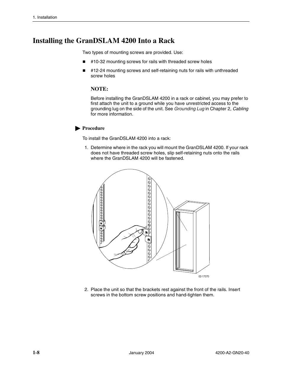 Installing the grandslam 4200 into a rack | Paradyne IP DSLAM GranDSLAM 4200 User Manual | Page 18 / 72