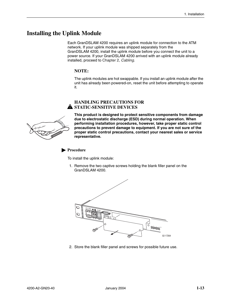 Installing the uplink module, Handling precautions for static-sensitive devices, Procedure | Paradyne IP DSLAM GranDSLAM 4200 User Manual | Page 23 / 72