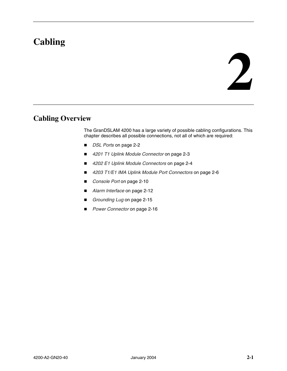 Cabling, Cabling overview, Chapter 2, cabling | Paradyne IP DSLAM GranDSLAM 4200 User Manual | Page 25 / 72