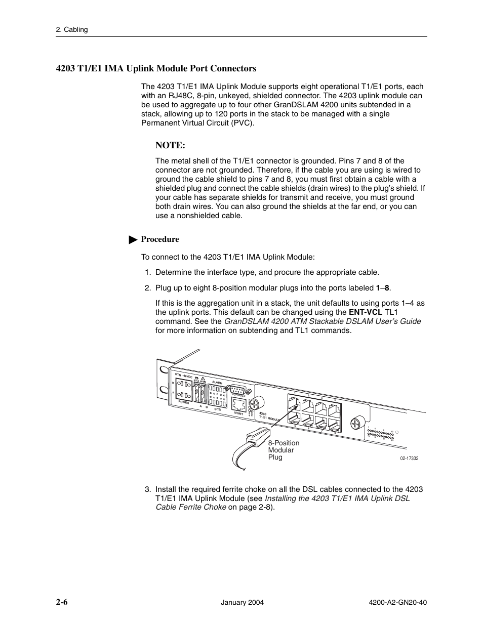 4203 t1/e1 ima uplink module port connectors, Procedure, Cabling | Position modular plug | Paradyne IP DSLAM GranDSLAM 4200 User Manual | Page 30 / 72