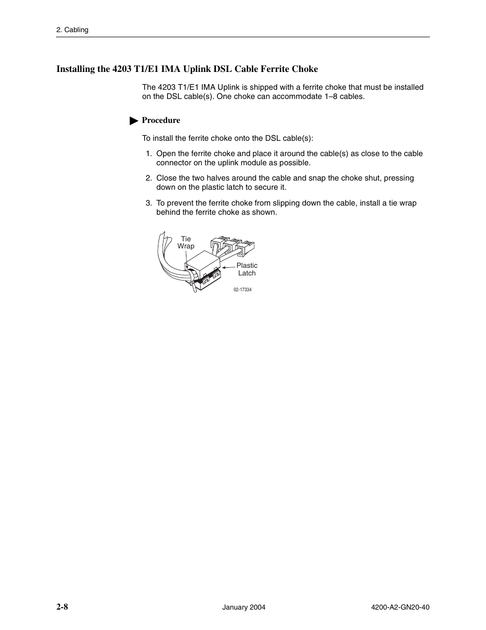 Installing the 4203 t1/e1 ima uplink dsl, Cable ferrite choke | Paradyne IP DSLAM GranDSLAM 4200 User Manual | Page 32 / 72