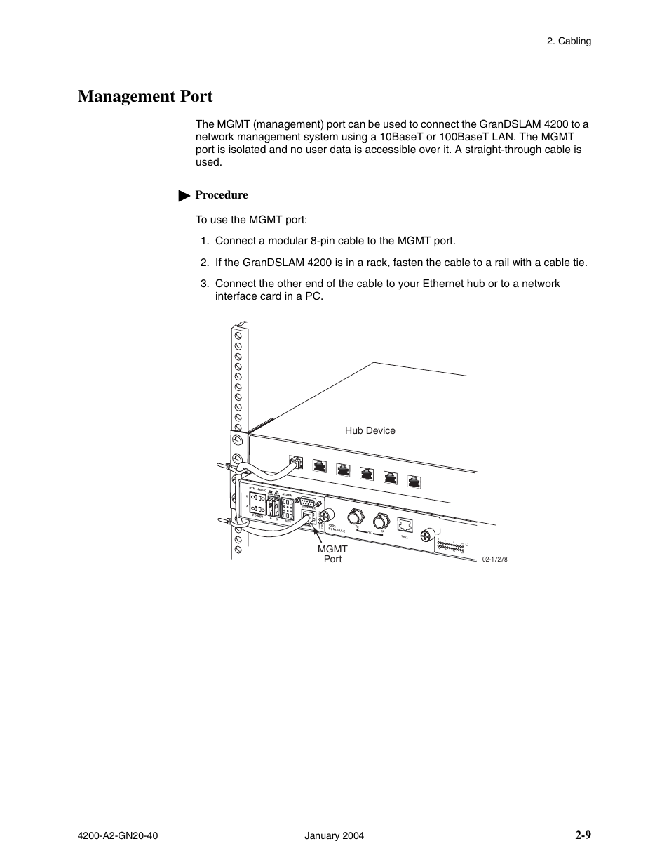 Management port, Procedure, Hub device | Mgmt port | Paradyne IP DSLAM GranDSLAM 4200 User Manual | Page 33 / 72