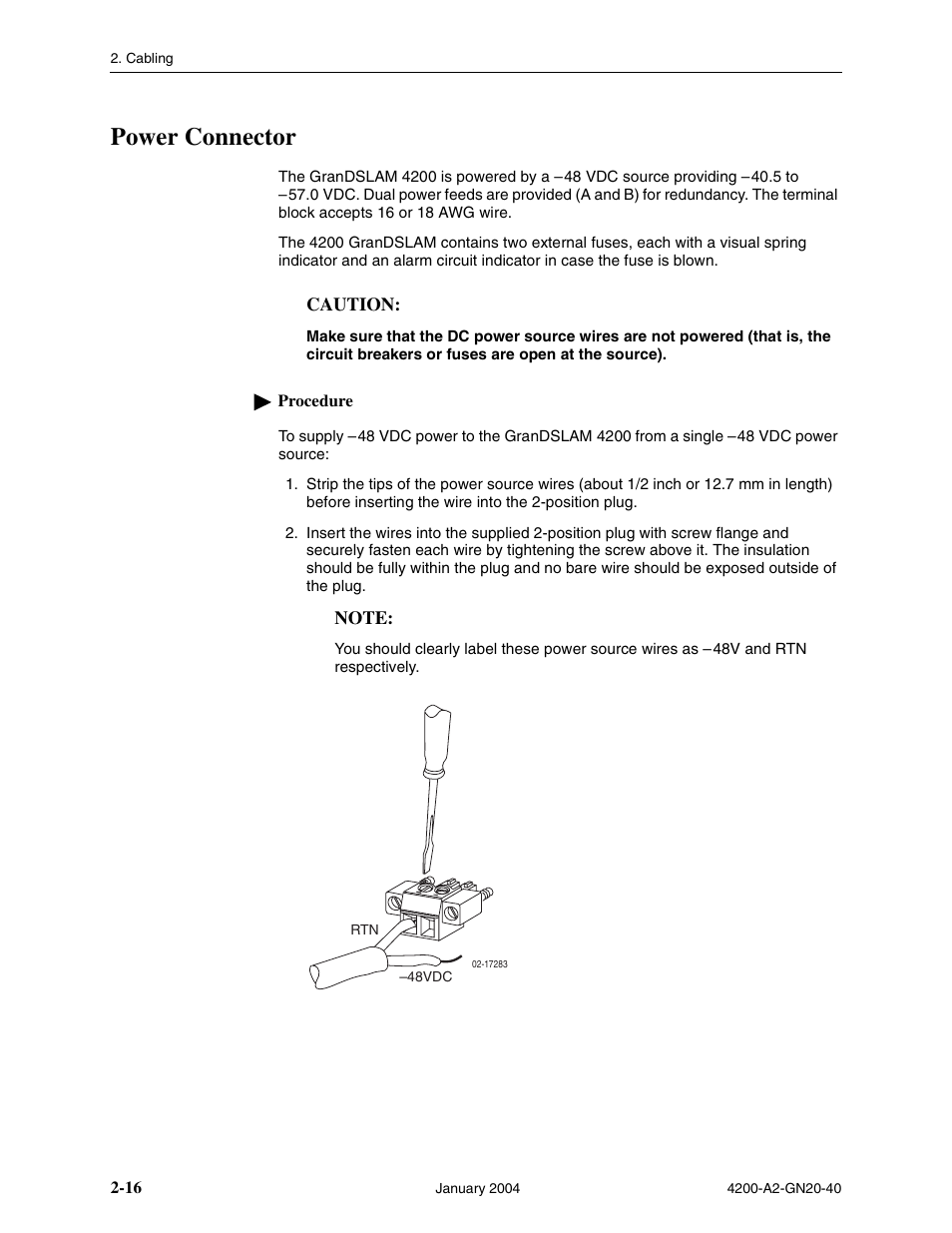 Power connector | Paradyne IP DSLAM GranDSLAM 4200 User Manual | Page 40 / 72