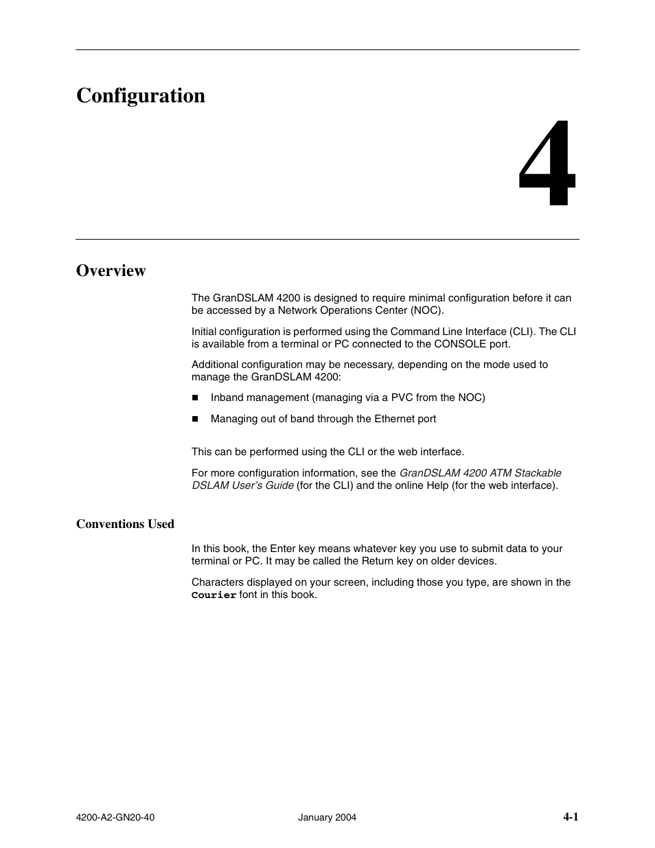 Configuration, Overview, Conventions used | Chapter 4, configuration | Paradyne IP DSLAM GranDSLAM 4200 User Manual | Page 45 / 72