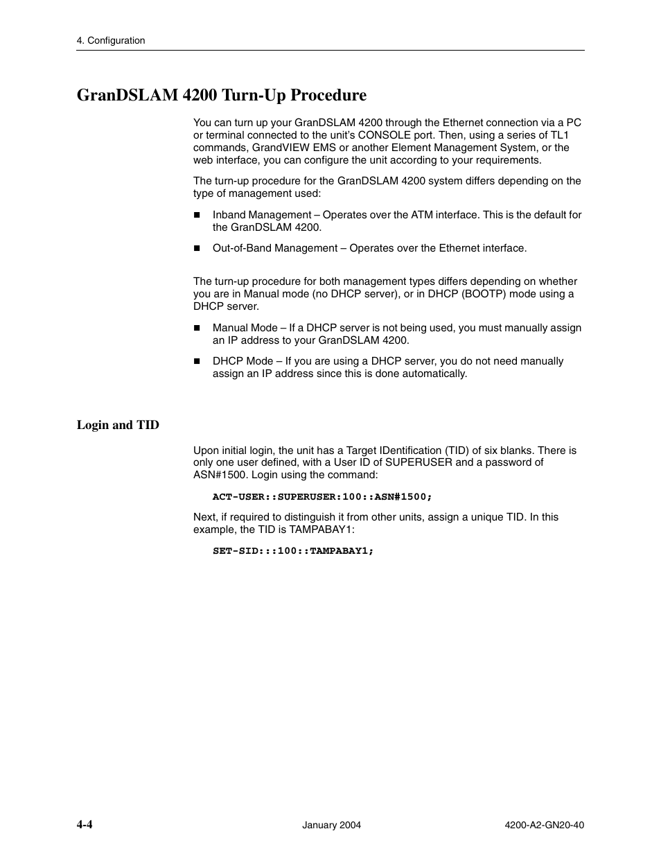 Grandslam 4200 turn-up procedure, Login and tid | Paradyne IP DSLAM GranDSLAM 4200 User Manual | Page 48 / 72