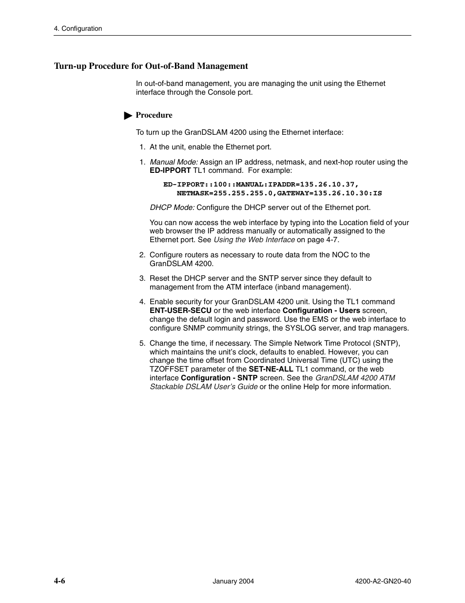 Turn-up procedure for out-of-band management | Paradyne IP DSLAM GranDSLAM 4200 User Manual | Page 50 / 72