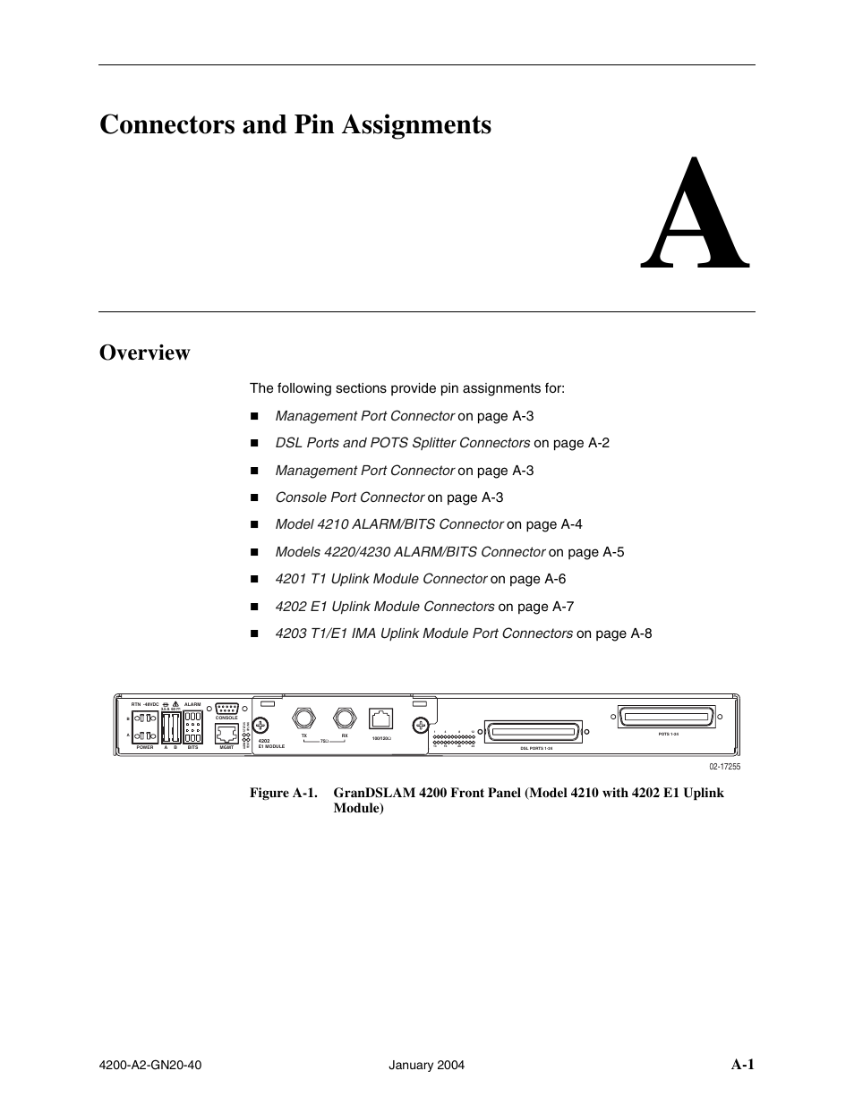 Connectors and pin assignments, Overview, A connectors and pin assignments | Appendix a, connectors and pin assignments, Appendix a | Paradyne IP DSLAM GranDSLAM 4200 User Manual | Page 53 / 72