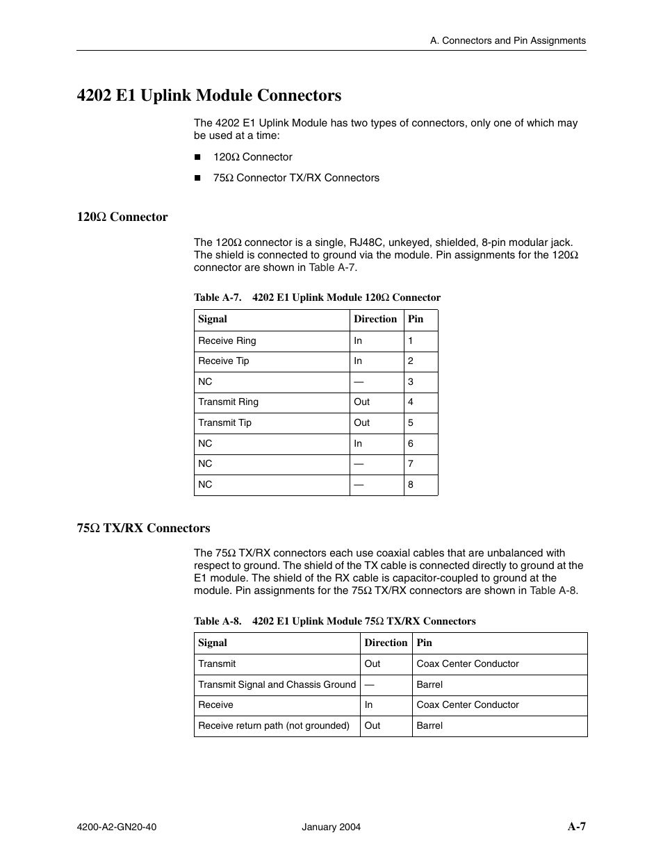 4202 e1 uplink module connectors, 120w connector, 75w tx/rx connectors | Paradyne IP DSLAM GranDSLAM 4200 User Manual | Page 59 / 72