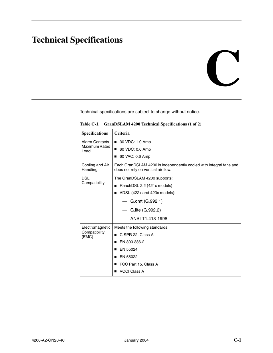 Technical specifications, C technical specifications, Appendix c, technical specifications | Paradyne IP DSLAM GranDSLAM 4200 User Manual | Page 67 / 72