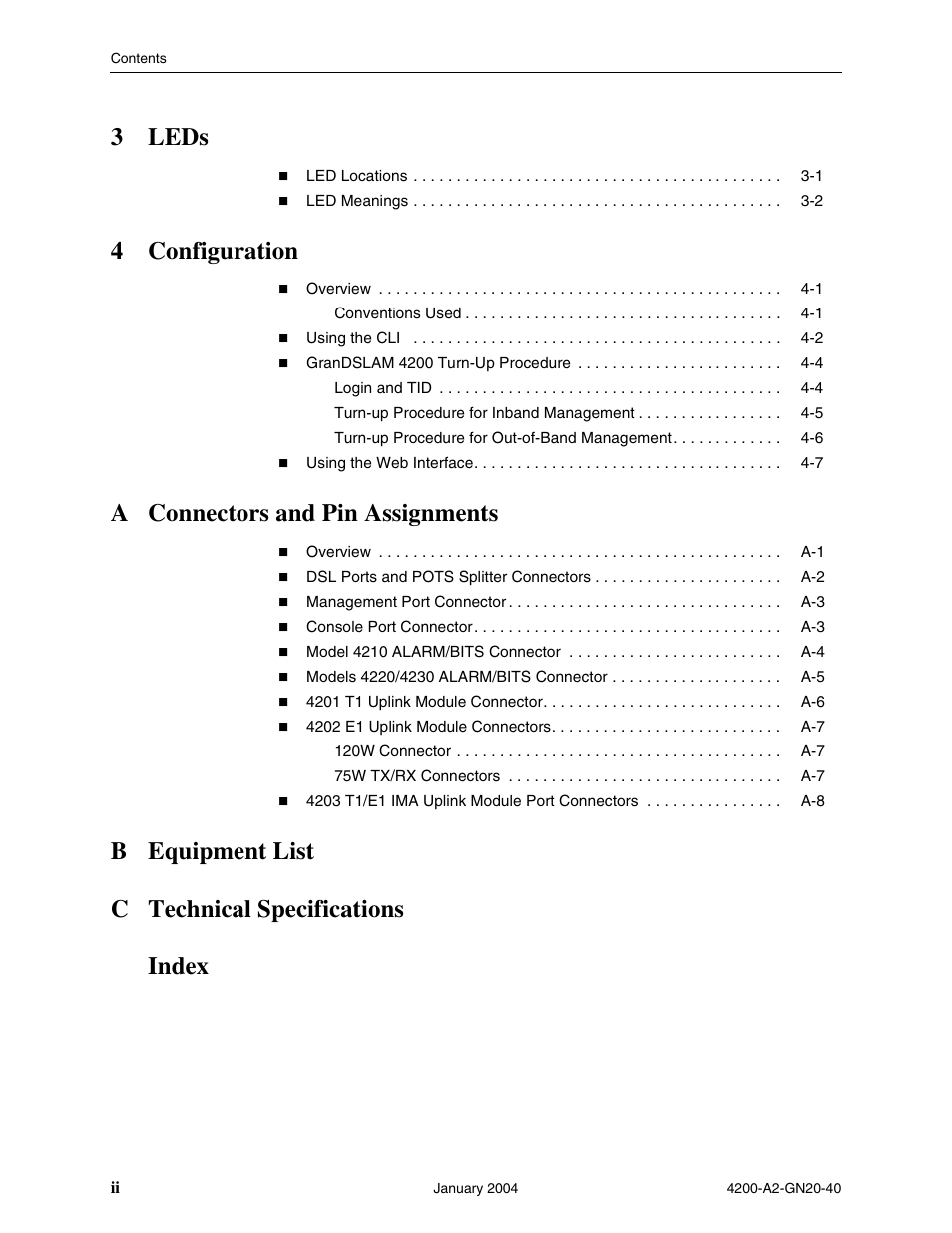 3leds, 4configuration, A connectors and pin assignments | B equipment list c technical specifications index | Paradyne IP DSLAM GranDSLAM 4200 User Manual | Page 8 / 72