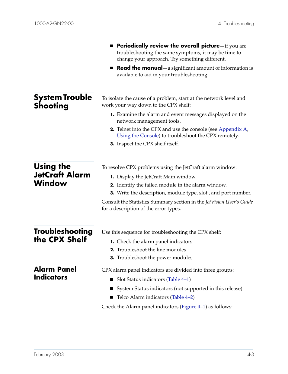 System trouble shooting, Using the jetcraft alarm window, Troubleshooting the cpx shelf | Alarm panel indicators, Alarm panel indicators -3, The cpx shelf, Troubleshooting | Paradyne Jetstream CPX-1000 User Manual | Page 103 / 160