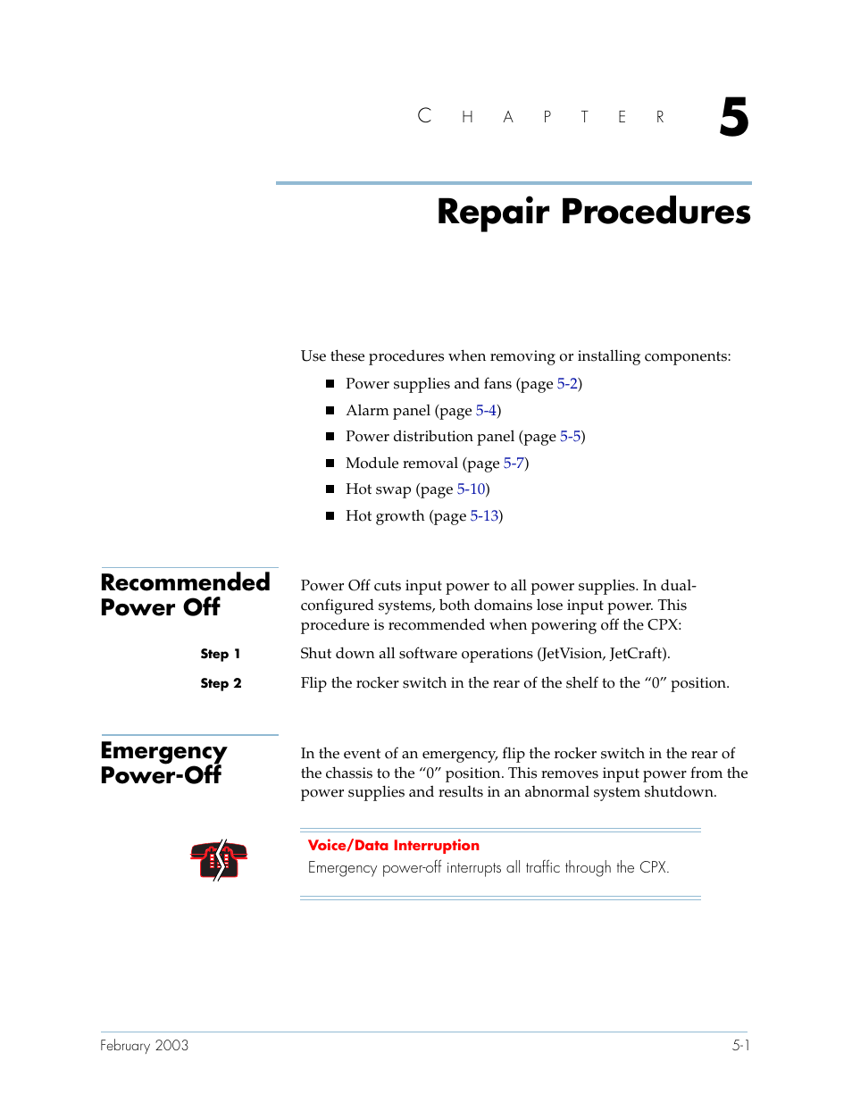 Repair procedures, Recommended power off, Emergency power-off | Chapter 5, Recommended power off -1 emergency power-off -1 | Paradyne Jetstream CPX-1000 User Manual | Page 115 / 160