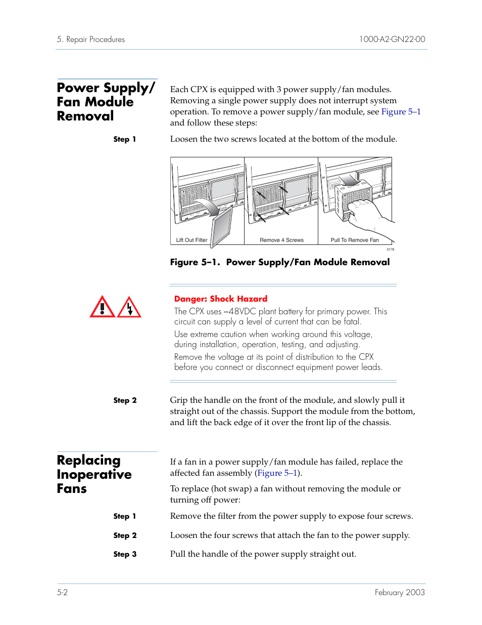 Power supply/ fan module removal, Replacing inoperative fans | Paradyne Jetstream CPX-1000 User Manual | Page 116 / 160