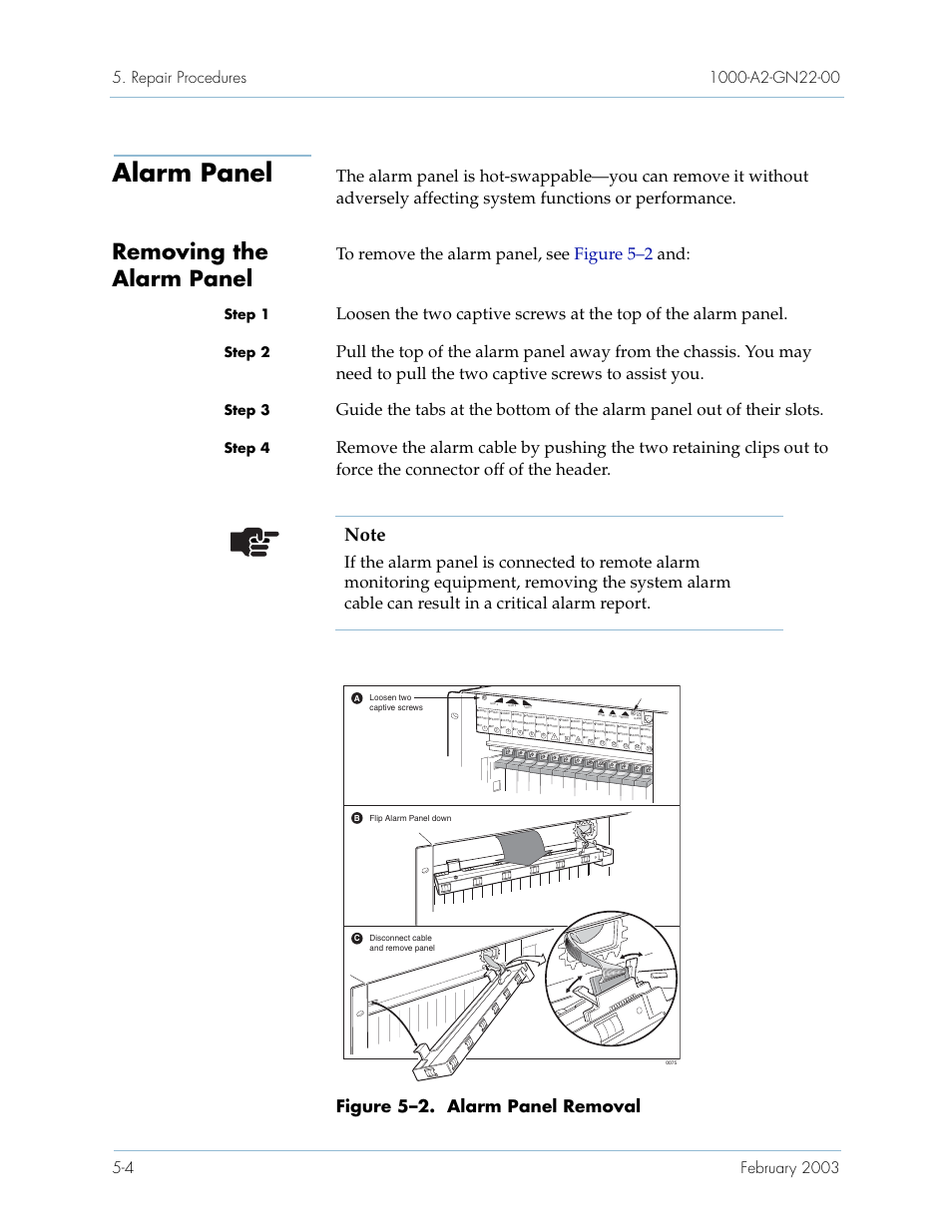 Alarm panel, Removing the alarm panel, Alarm panel -4 | Removing the alarm panel -4, Step 1, Step 2, Step 3, Step 4 | Paradyne Jetstream CPX-1000 User Manual | Page 118 / 160