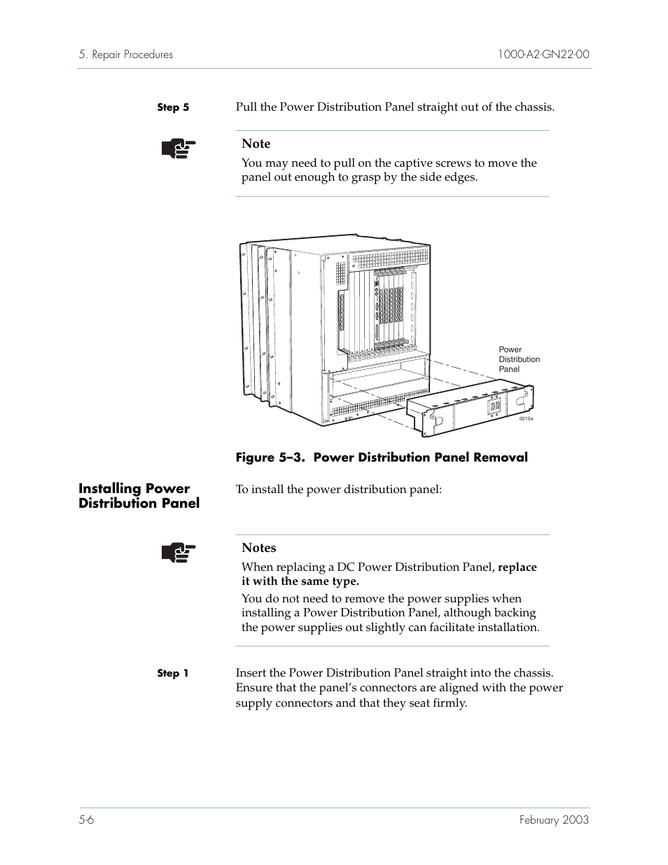 Installing power distribution panel, Installing power distribution panel -6, Figure 5–3 | Step 5, Step 1 | Paradyne Jetstream CPX-1000 User Manual | Page 120 / 160