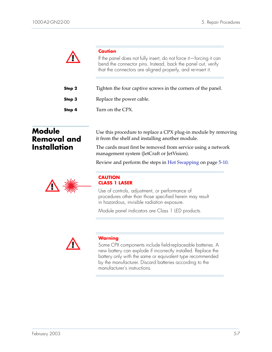 Module removal and installation, Module removal and installation -7 | Paradyne Jetstream CPX-1000 User Manual | Page 121 / 160