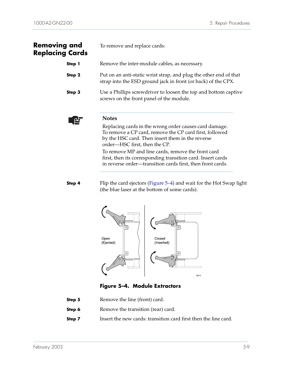 Removing and replacing cards, Removing and replacing cards -9 | Paradyne Jetstream CPX-1000 User Manual | Page 123 / 160