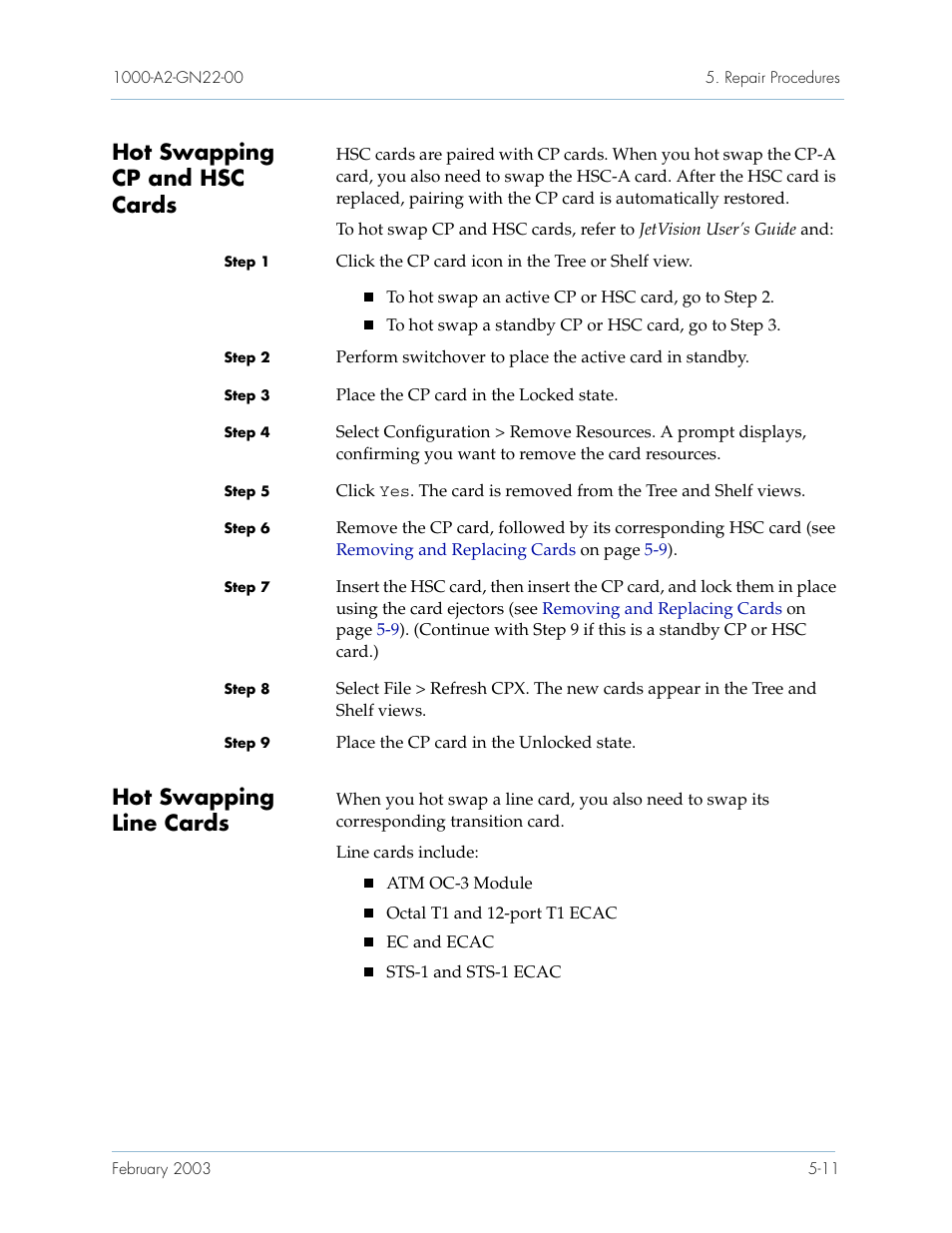 Hot swapping cp and hsc cards, Hot swapping line cards, Hot swapping cp | Hot swapping line, Cards, Hot swapping cp and | Paradyne Jetstream CPX-1000 User Manual | Page 125 / 160