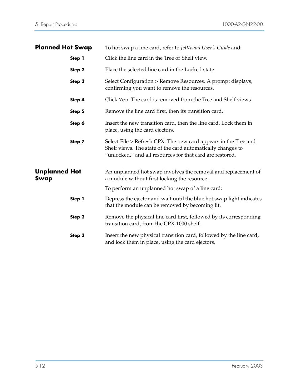 Planned hot swap, Unplanned hot swap, Planned hot swap -12 | Unplanned hot swap -12 | Paradyne Jetstream CPX-1000 User Manual | Page 126 / 160