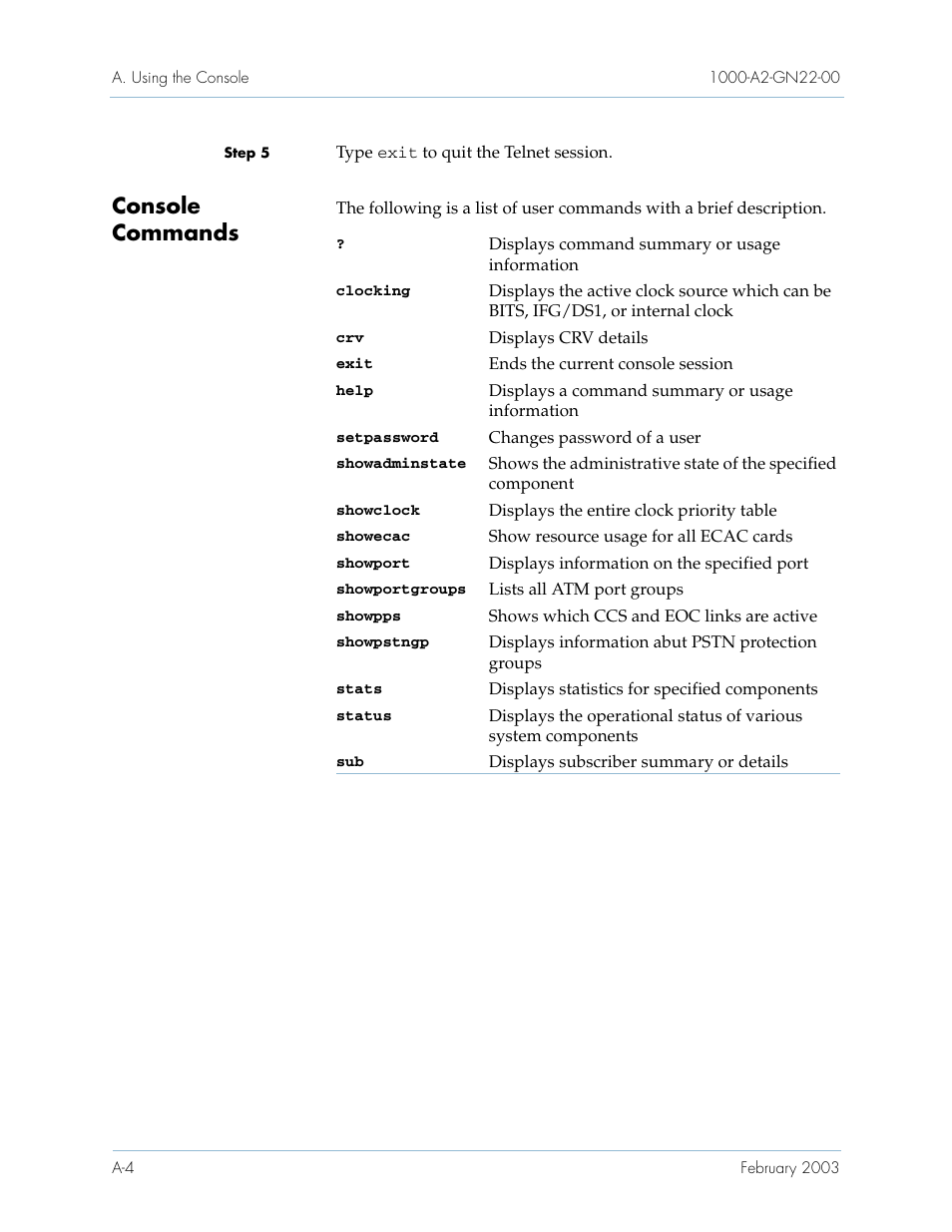 Console commands | Paradyne Jetstream CPX-1000 User Manual | Page 132 / 160