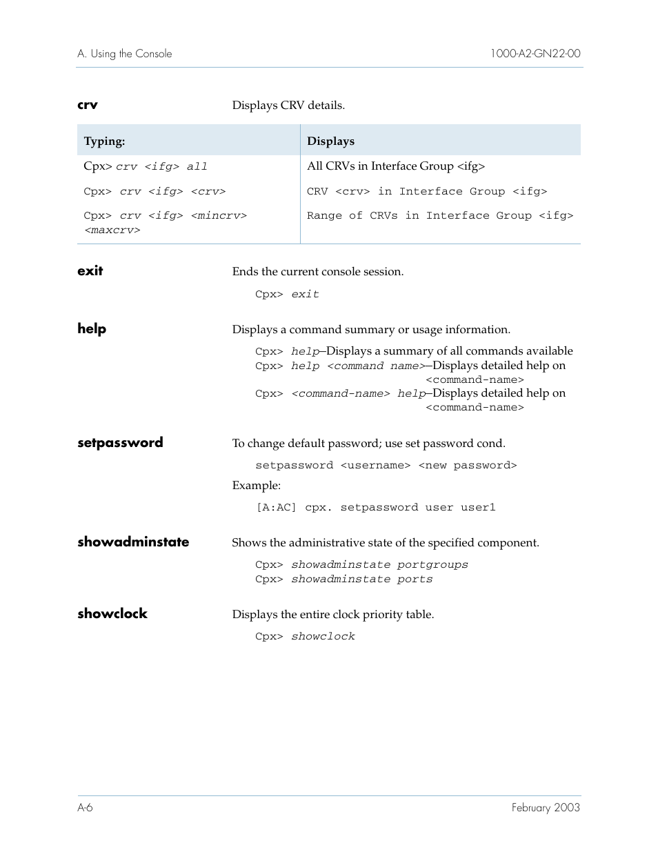 Exit, Help, Setpassword | Showadminstate, Showclock | Paradyne Jetstream CPX-1000 User Manual | Page 134 / 160