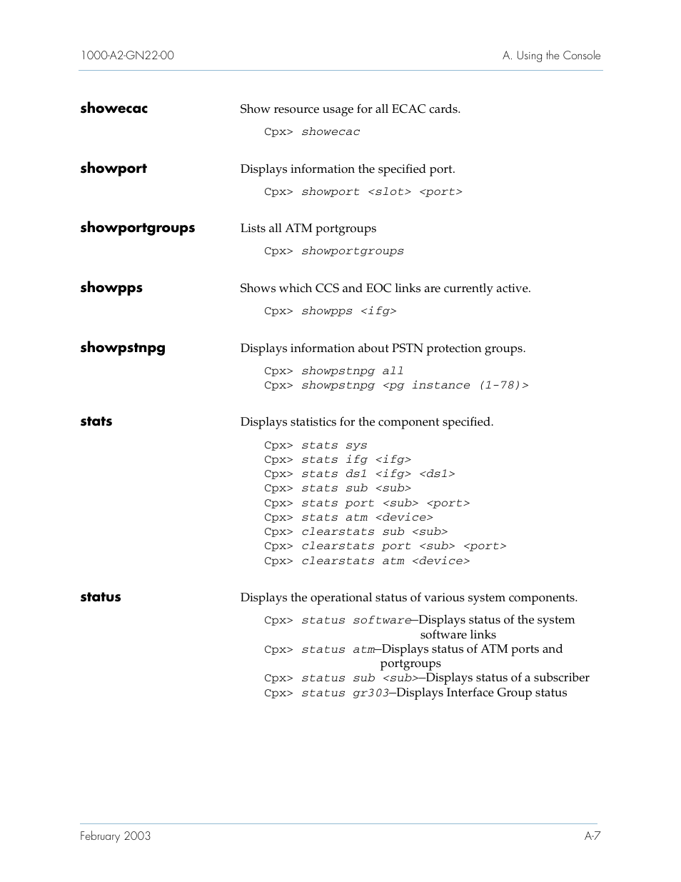 Showecac, Showport, Showportgroups | Showpps, Showpstnpg, Stats, Status | Paradyne Jetstream CPX-1000 User Manual | Page 135 / 160