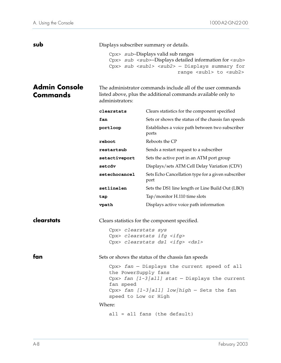 Admin console commands, Clearstats | Paradyne Jetstream CPX-1000 User Manual | Page 136 / 160