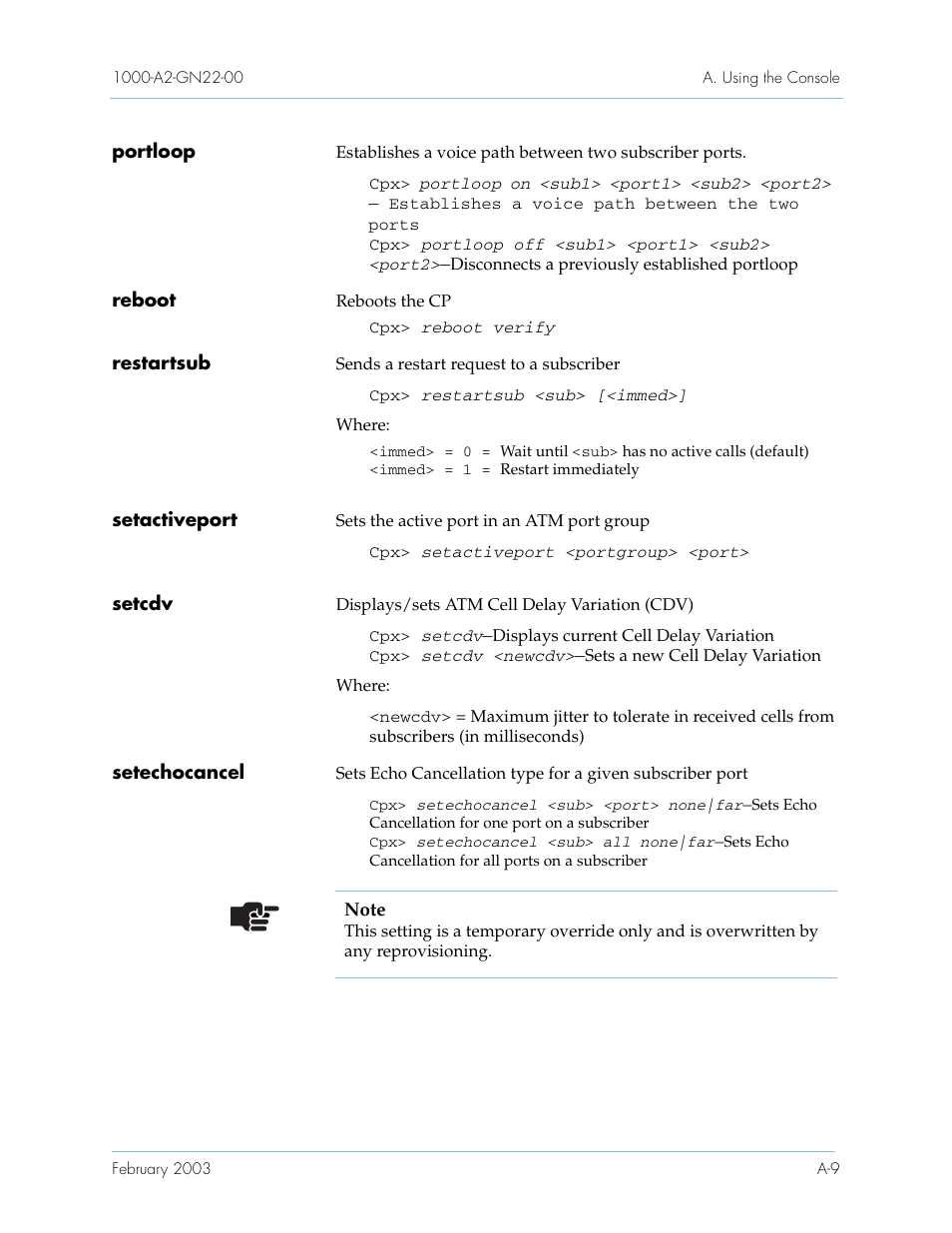 Portloop, Reboot, Restartsub | Setactiveport, Setcdv, Setechocancel | Paradyne Jetstream CPX-1000 User Manual | Page 137 / 160