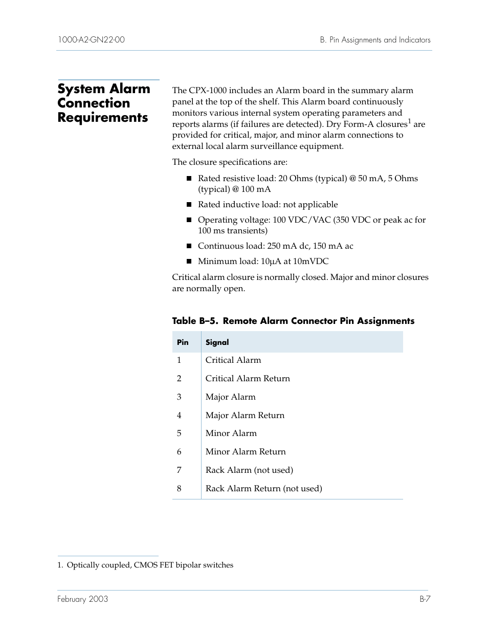 System alarm connection requirements, Table b–5 | Paradyne Jetstream CPX-1000 User Manual | Page 145 / 160