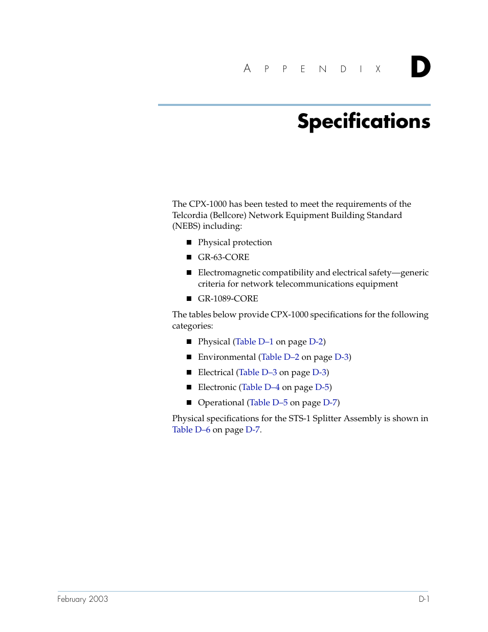 Specifications, Appendix d spe, Appendix d | Paradyne Jetstream CPX-1000 User Manual | Page 149 / 160
