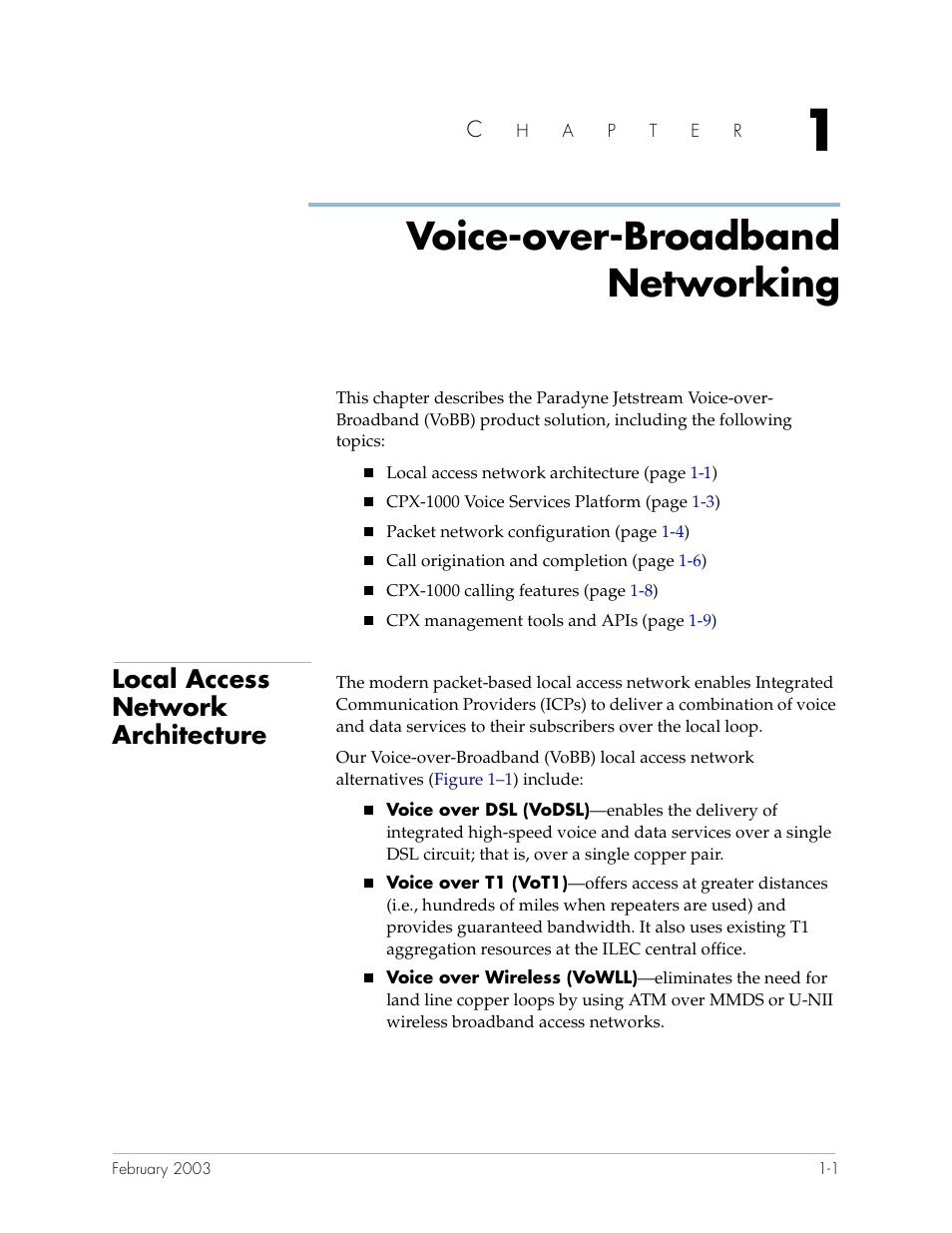 Voice-over-broadband networking, Local access network architecture, Chapter 1 | Local access network architecture -1 | Paradyne Jetstream CPX-1000 User Manual | Page 15 / 160