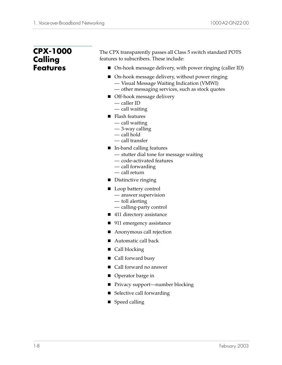 Cpx-1000 calling features, Cpx-1000 calling features -8 | Paradyne Jetstream CPX-1000 User Manual | Page 22 / 160