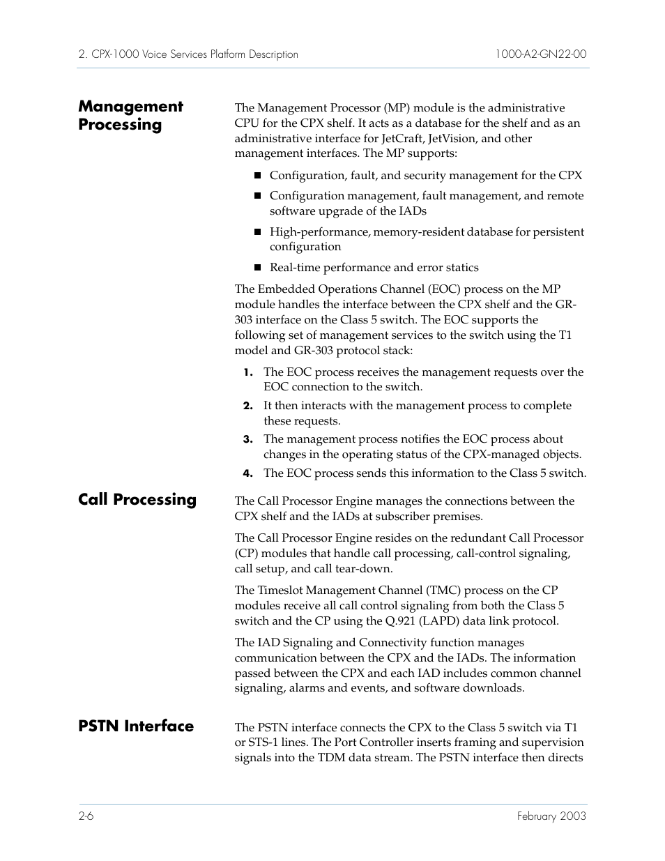 Management processing, Call processing, Pstn interface | Paradyne Jetstream CPX-1000 User Manual | Page 30 / 160