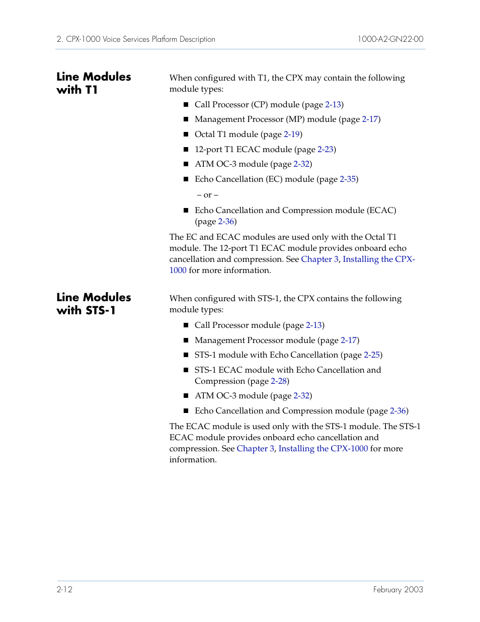 Line modules with t1, Line modules with sts-1 | Paradyne Jetstream CPX-1000 User Manual | Page 36 / 160