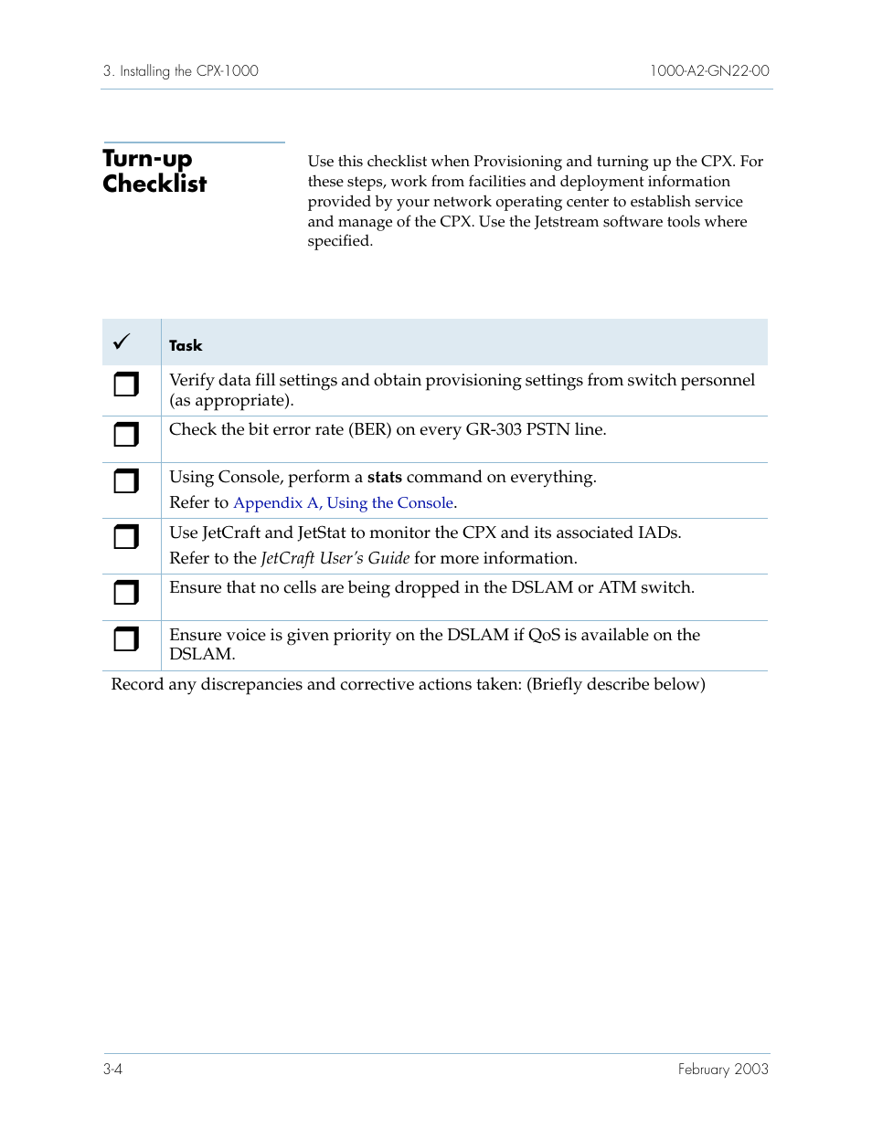 Turn-up checklist, Turn-up checklist -4 | Paradyne Jetstream CPX-1000 User Manual | Page 68 / 160