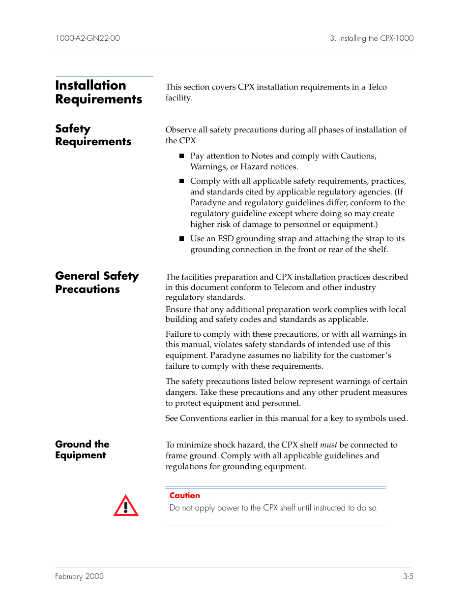 Installation requirements, Safety requirements, General safety precautions | Ground the equipment, Installation requirements -5, Safety r, General safety precautions -5, Ground the equipment -5 | Paradyne Jetstream CPX-1000 User Manual | Page 69 / 160