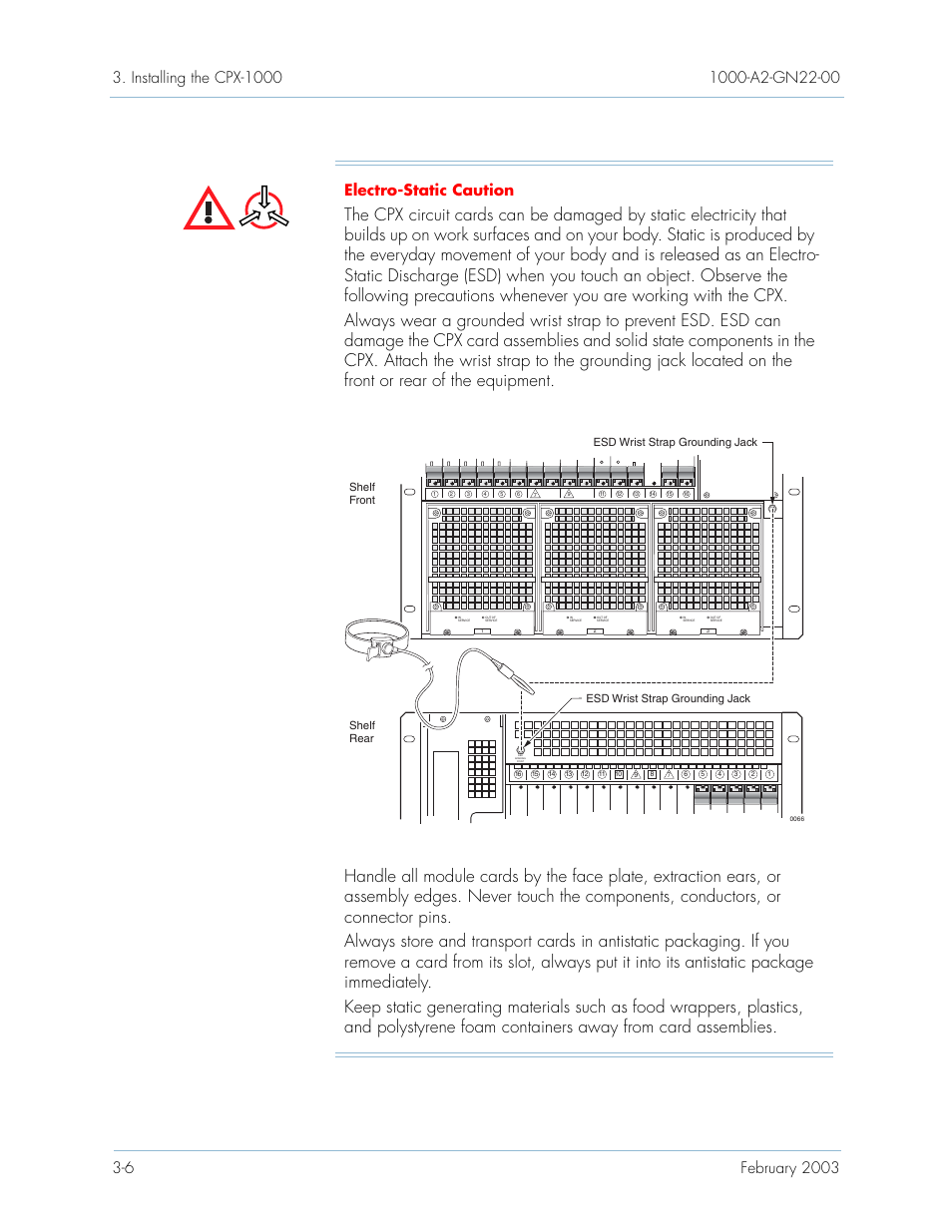 Esd wrist strap grounding jack, Shelf front shelf rear | Paradyne Jetstream CPX-1000 User Manual | Page 70 / 160