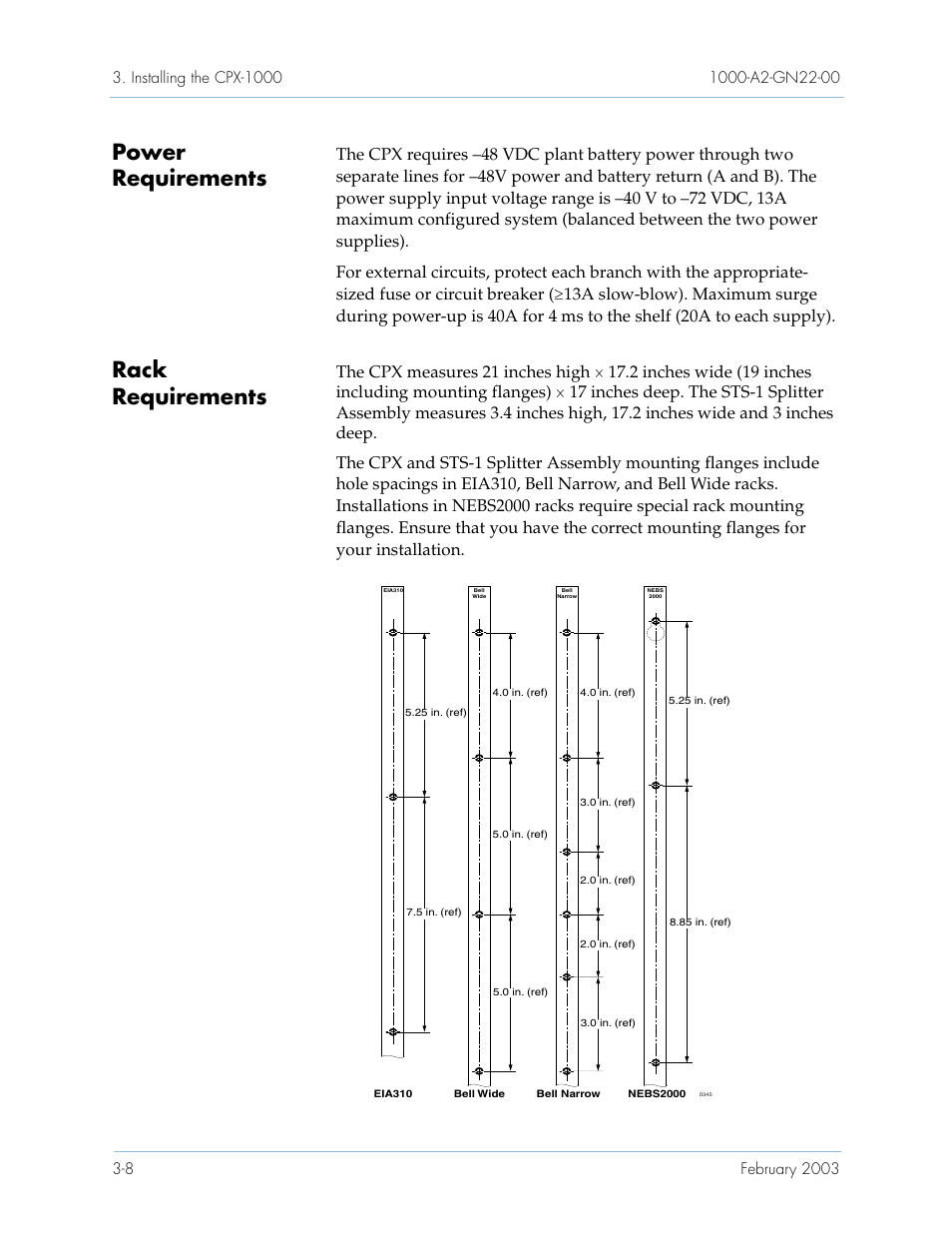 Power requirements, Rack requirements, Power requir | Rack requirements -8 | Paradyne Jetstream CPX-1000 User Manual | Page 72 / 160