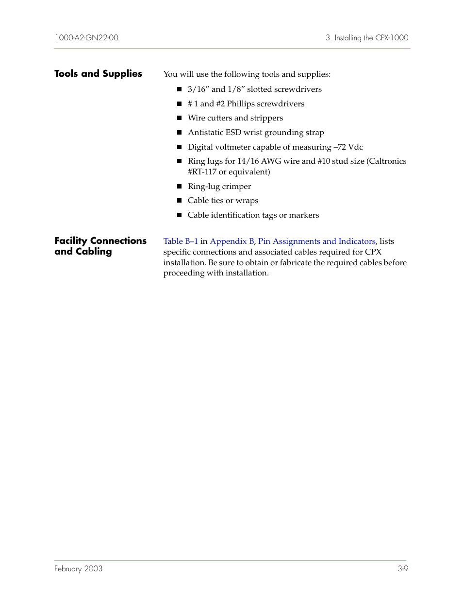 Tools and supplies, Facility connections and cabling, Tools and supplies -9 | Facility connections and cabling -9 | Paradyne Jetstream CPX-1000 User Manual | Page 73 / 160