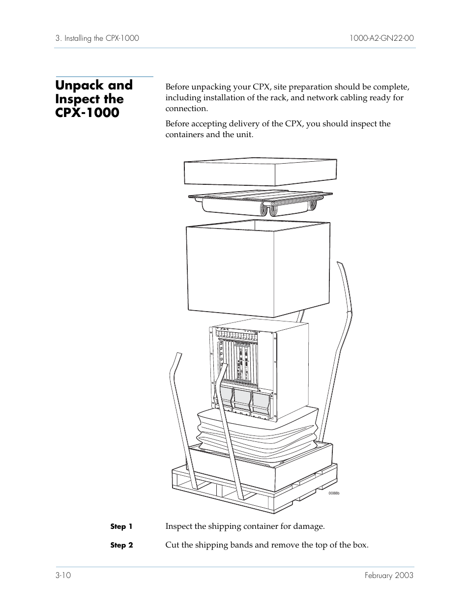 Unpack and inspect the cpx-1000, Unpack and inspect the cpx-1000 -10, Inspect the shipping container for damage | Paradyne Jetstream CPX-1000 User Manual | Page 74 / 160