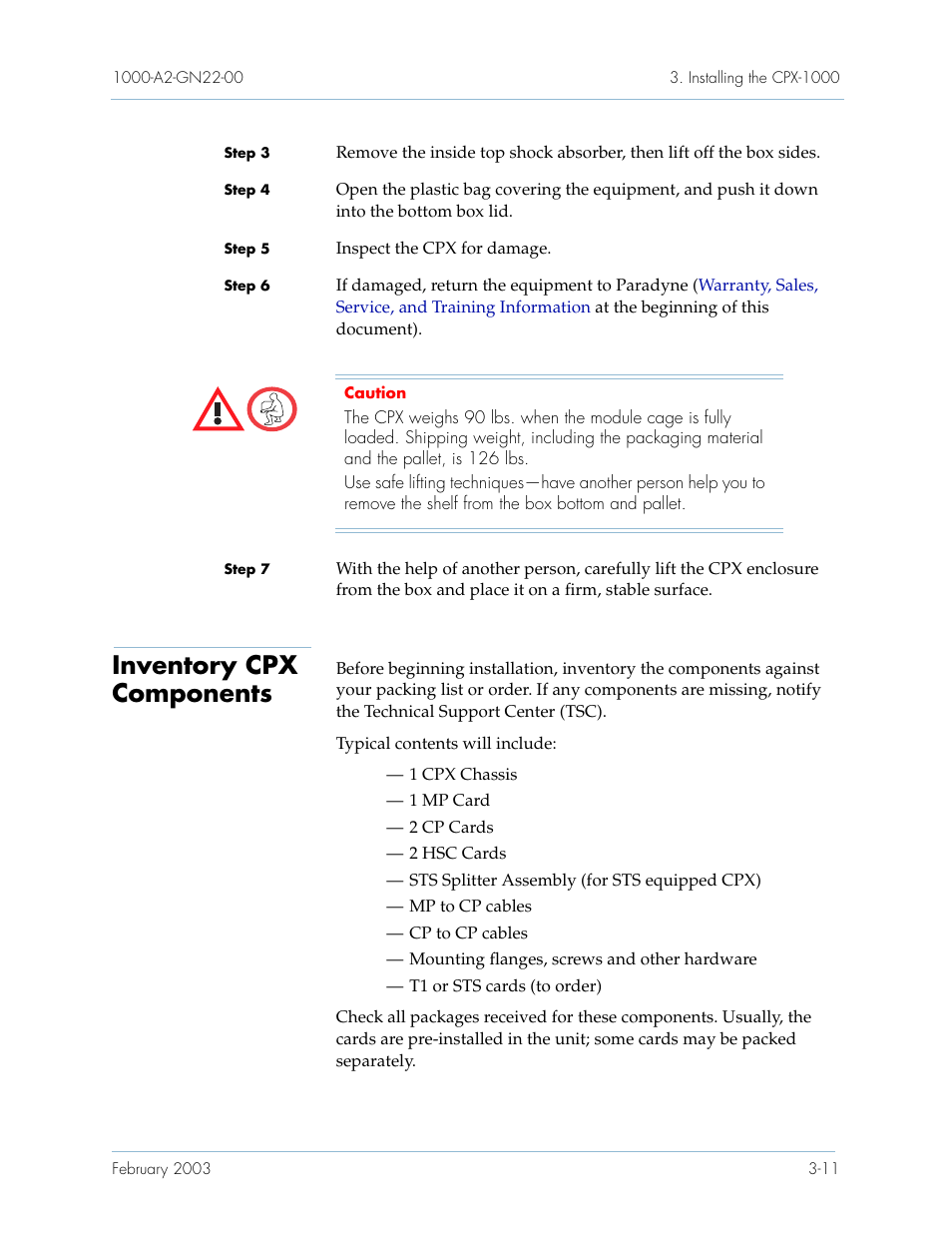 Inventory cpx components, Inventory cpx components -11 | Paradyne Jetstream CPX-1000 User Manual | Page 75 / 160