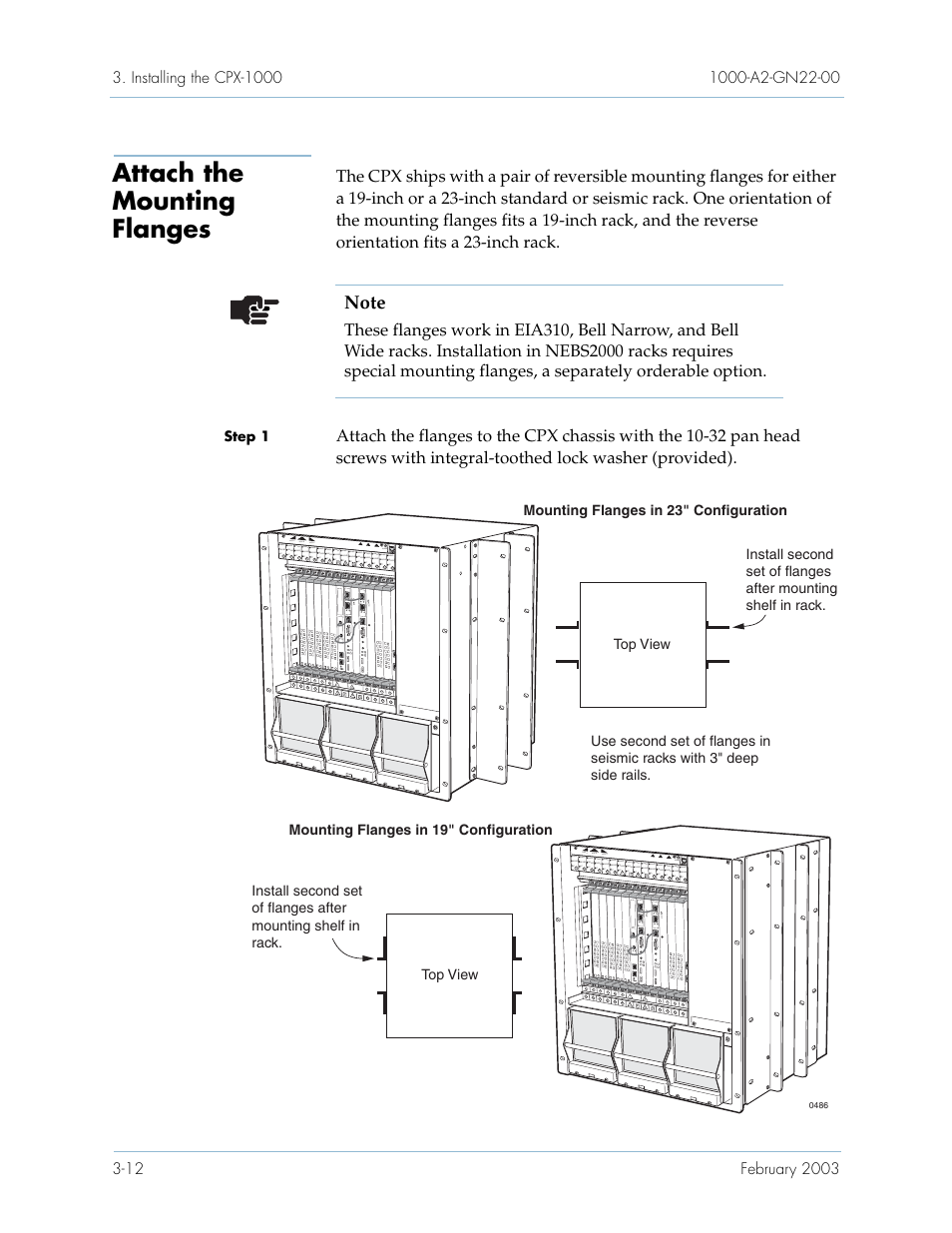 Attach the mounting flanges, Attach the mounting flanges -12, Step 1 | Alarm, Alarm top view top view | Paradyne Jetstream CPX-1000 User Manual | Page 76 / 160