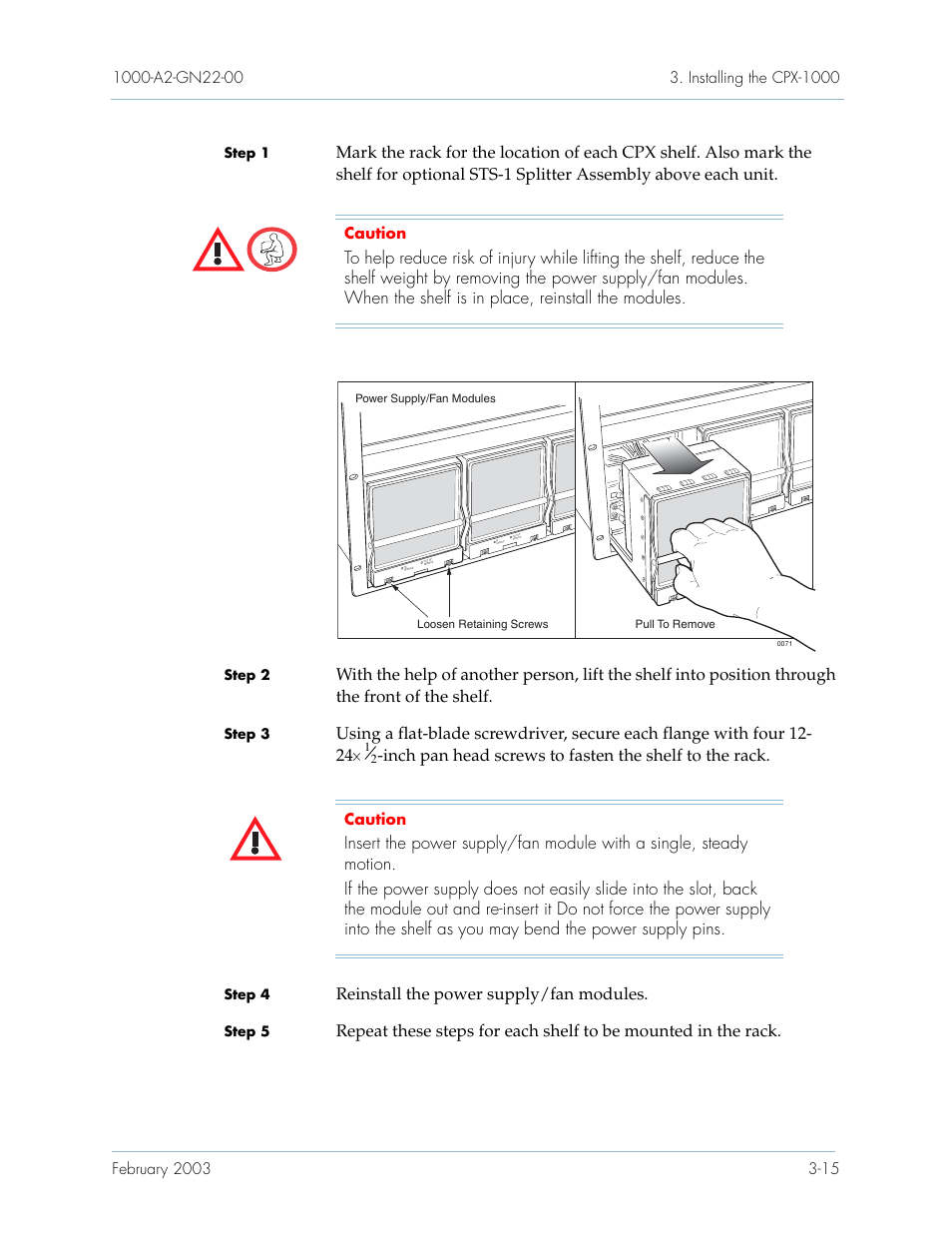 Reinstall the power supply/fan modules, Caution, Step 1 | Step 2, Step 3, Step 4, Step 5 | Paradyne Jetstream CPX-1000 User Manual | Page 79 / 160