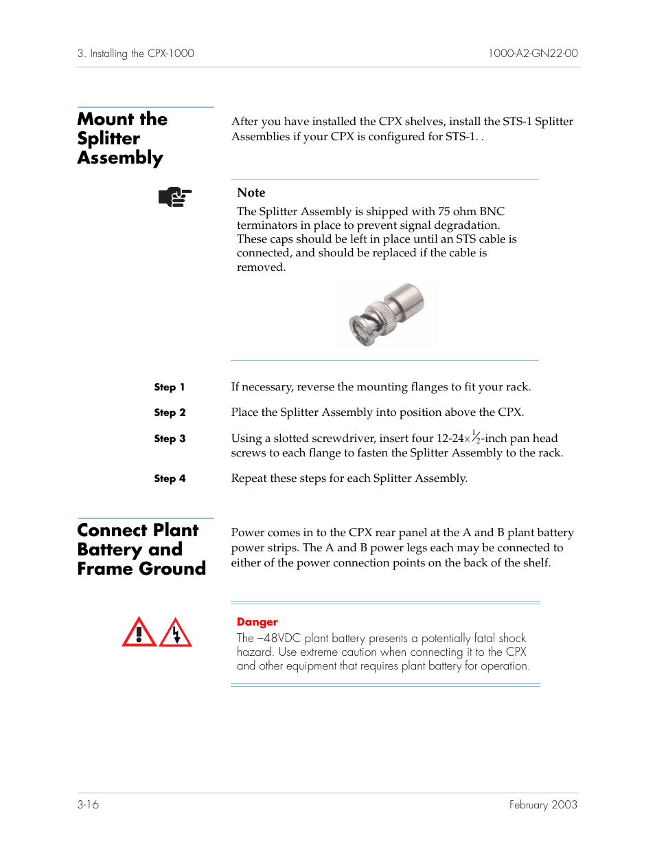 Mount the splitter assembly, Connect plant battery and frame ground | Paradyne Jetstream CPX-1000 User Manual | Page 80 / 160