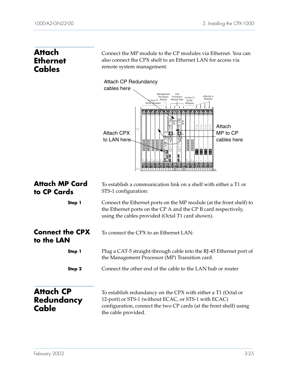 Attach ethernet cables, Attach mp card to cp cards, Connect the cpx to the lan | Attach cp redundancy cable, Attach ethernet cables -25, Attach cp redundancy cable -25 | Paradyne Jetstream CPX-1000 User Manual | Page 89 / 160
