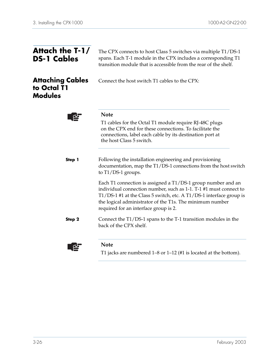 Attach the t1/ ds1 cables, Attaching cables to octal t1 modules, Attach the t-1/ds-1 cables -26 | Attaching cables to octal t1 modules -26, Attach the t-1/ ds-1 cables | Paradyne Jetstream CPX-1000 User Manual | Page 90 / 160