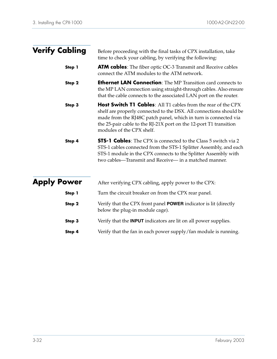 Verify cabling, Apply power, Verify cabling -32 apply power -32 | Paradyne Jetstream CPX-1000 User Manual | Page 96 / 160