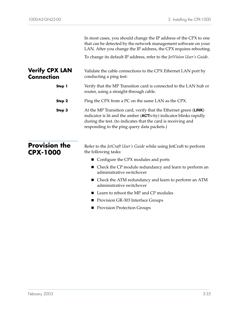 Verify cpx lan connection, Provision the cpx1000, Verify cpx lan connection -35 | Provision the cpx-1000 -35, Provision the cpx-1000 | Paradyne Jetstream CPX-1000 User Manual | Page 99 / 160