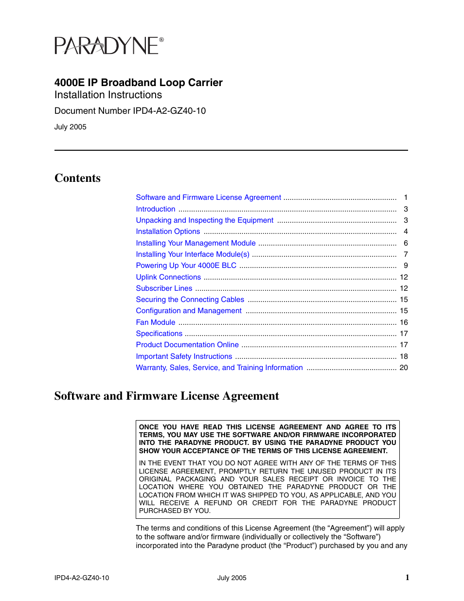 Paradyne IP Broadband Loop Carrier 4000E User Manual | 20 pages